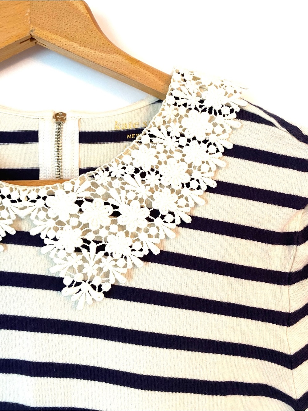 NWOT kate spade Black & White Striped Short-Sleeve Top with Lace Collar - Picture 3 of 8